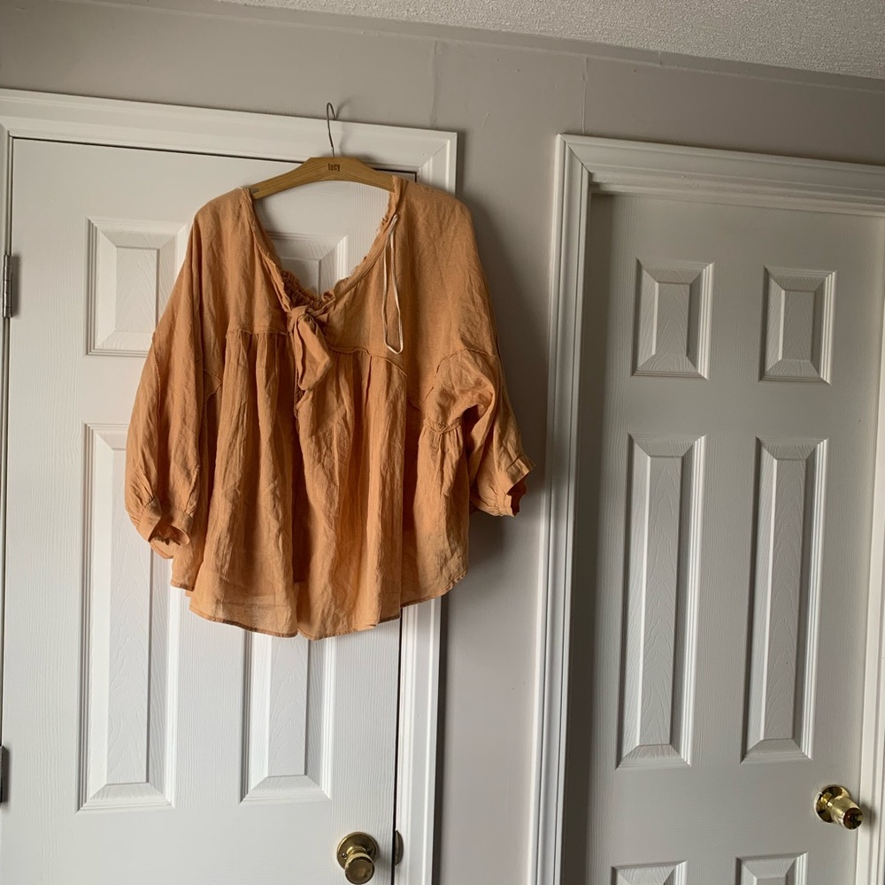 Free People Peach Tie-Front Peasant Blouse